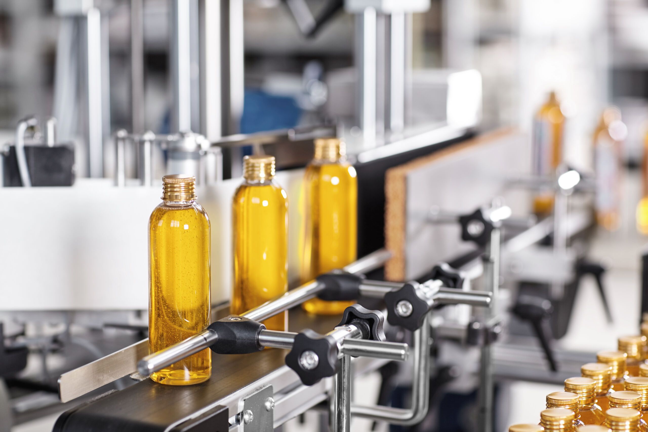 Bottles filled with pure rose oil moving along an automated bottling line.